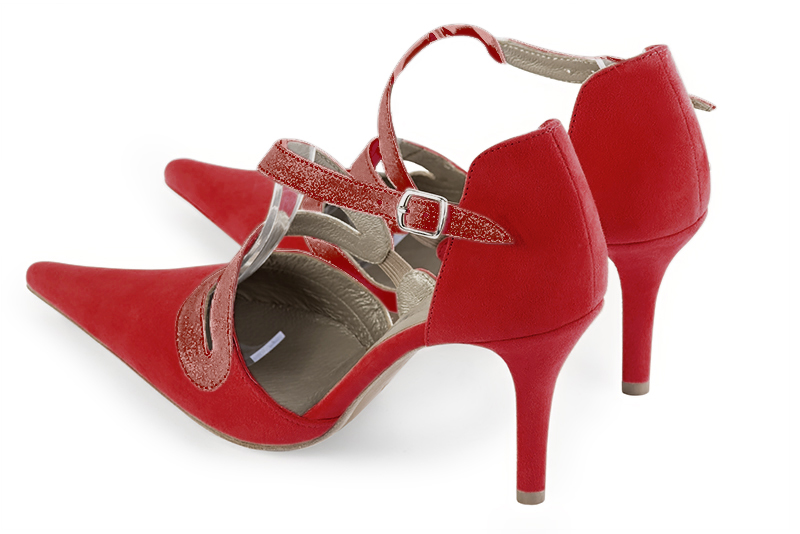 Cardinal red women's open side shoes, with snake-shaped straps. Pointed toe. High slim heel. Rear view - Florence KOOIJMAN
